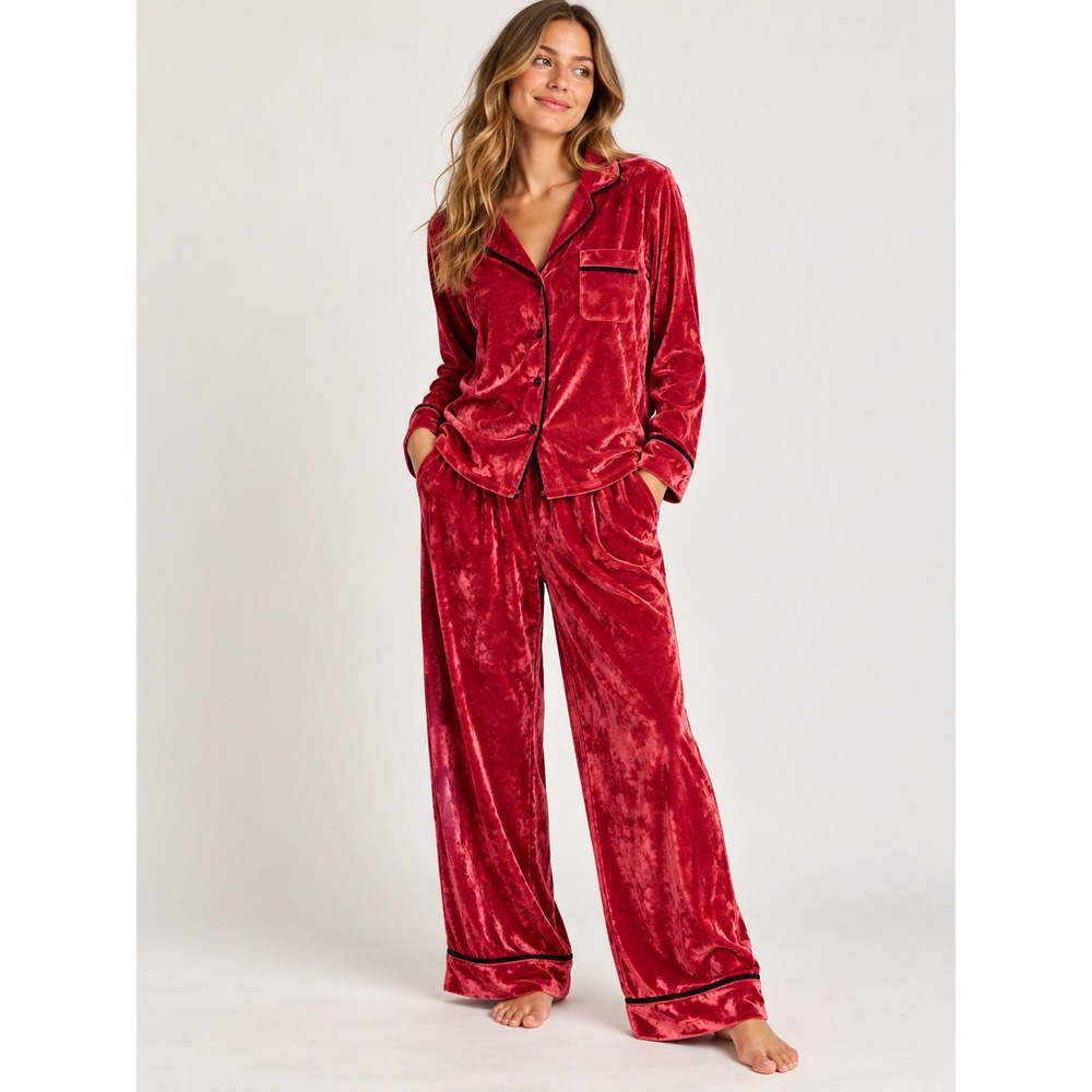 Sofia Vergara Red Velvet Pajama Set L Christmas Loungewear Wide Leg SV411000SD